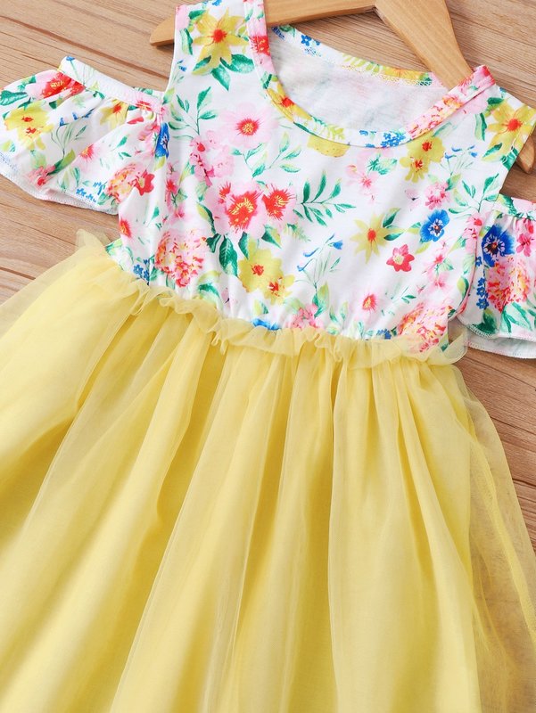 Toddler Girls Floral Print Cold Shoulder Mesh Panel Dress SHE