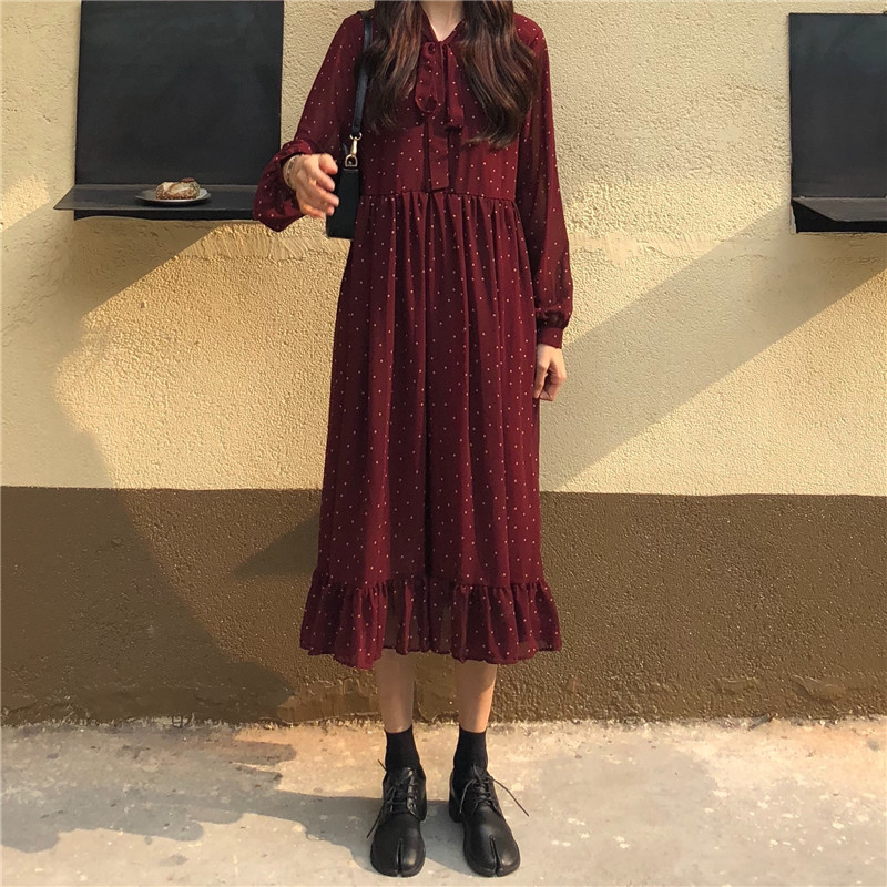 Harajuku Dress Birthday Long Women Korean style Loose Chiffon Ruffle Dot Printed Sleeve 730G 210420