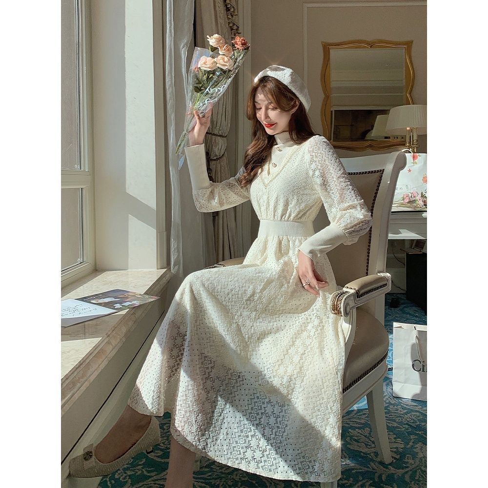 French Lace Party Dress Women Casual Long Sleeve Elegant Vintage Dress Female Spring Fairy Lace Dress Korean 210521