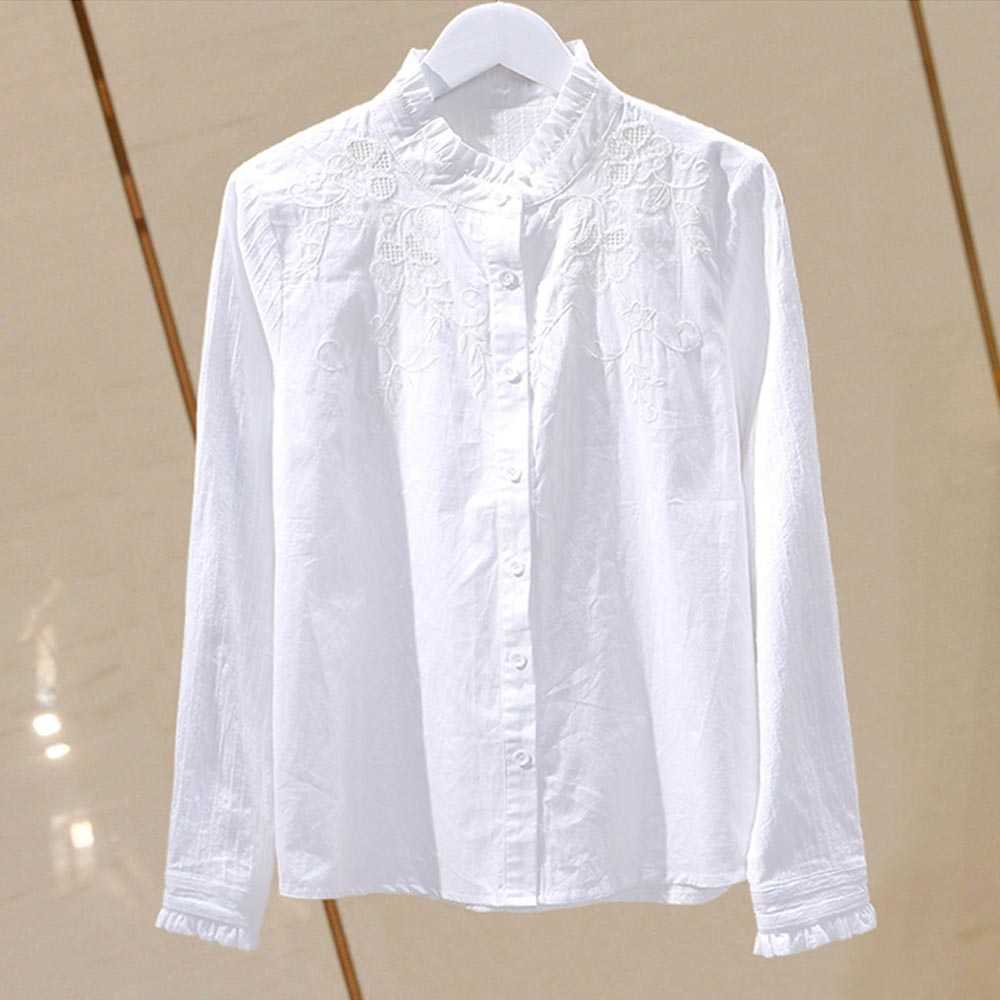 Summer Blouse Women Shirt Tops Cotton Korean Style Floral Embroidered Pleated Ruffle Stand Collar Casual Plus Size Clothes 210721, White
Summer Blouse Women Shirt Tops Cotton Korean Style Floral Embroidered Pleated Ruffle Stand Collar Casual Plus Size Clothes 210721, White