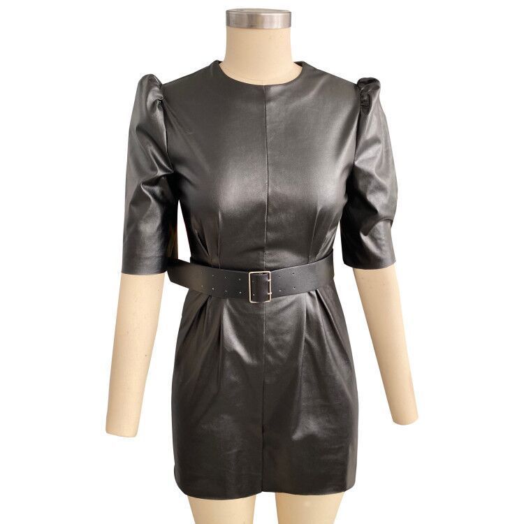 Black Faux Leather Dress for Women Sexy Short Sleeve Bodycon Party PU Vintage Sashes Zipper Mini female 210428