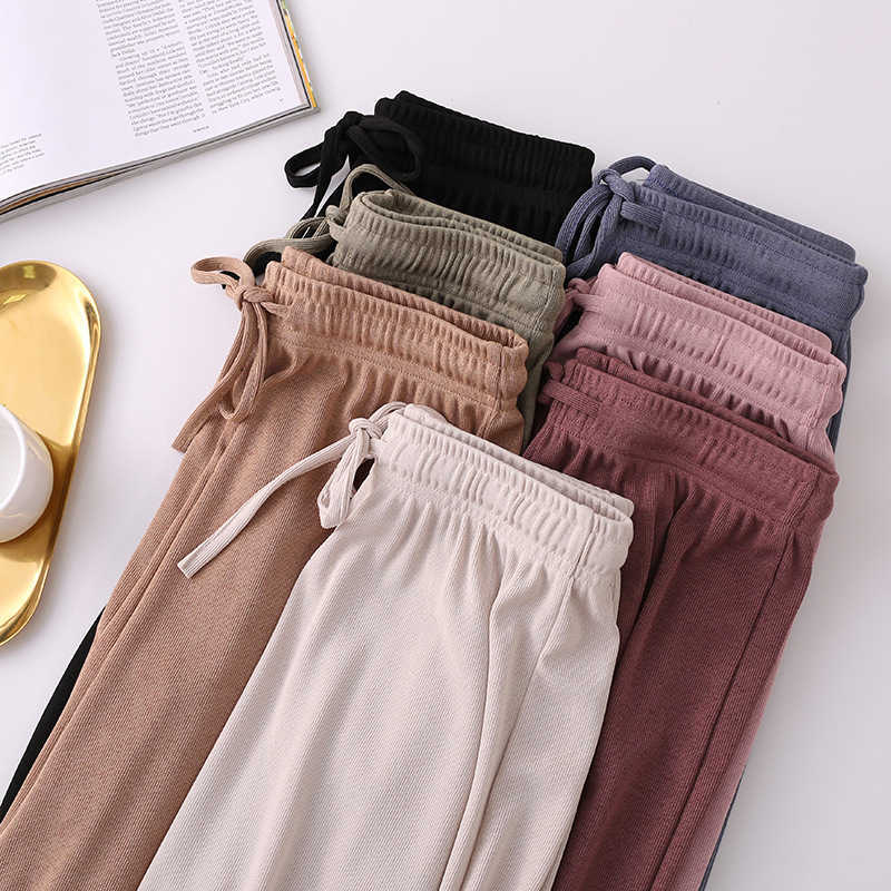 High Waist Soft Comfort Women Wide-leg Pant Casual Spring Summer Woman Ice Silk Ankle-Length Trouser Female Slacks 210526