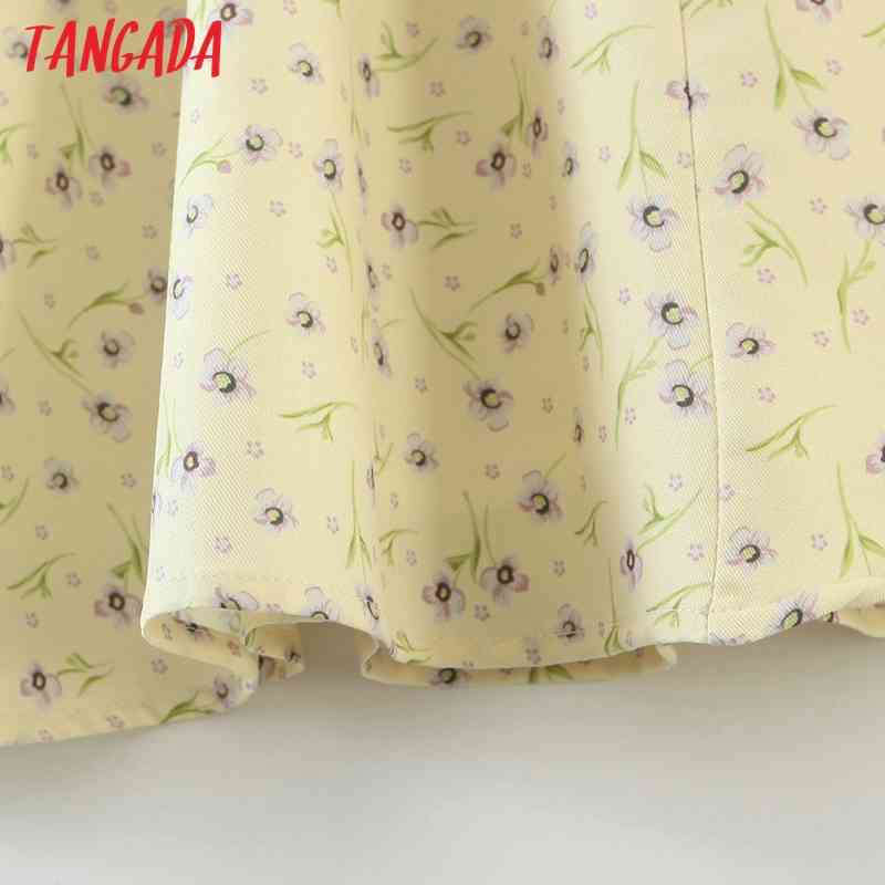 Summer Women Yellow Flowers Print Pleated Square Neck Short Sleeve Ladies Mini Dress 8M2 210416