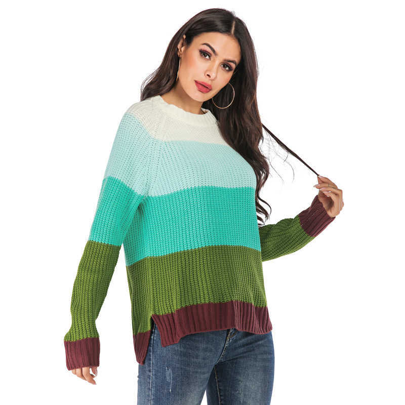 Winter Clothes Women Loose Casual Knitted Pullover Long Sleeve Striped Patchwork Sweater Girl Green Warm Crew-Neck 210604