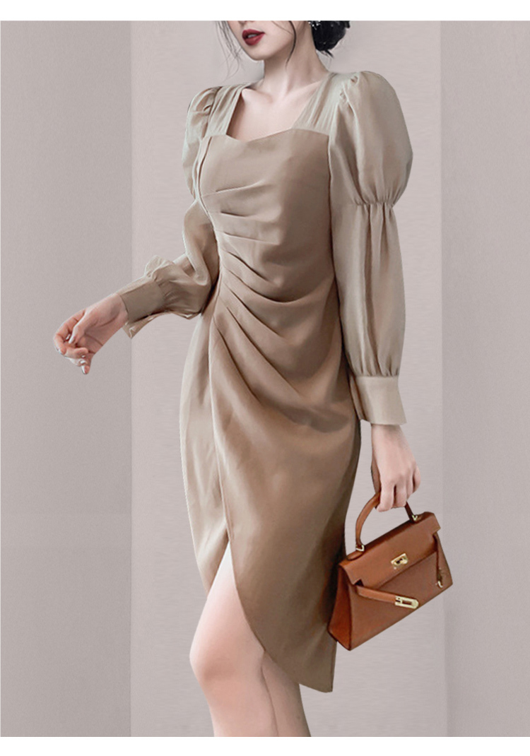 Korean Fashion Elegant Women Square Collar Puff Sleeve Bodycon Vintage Slim Split Sheath Dresses Vestidos 210519