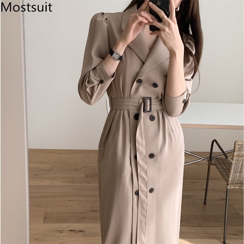 Douoble-breasted Korean Belted Suit Dress Women Autumn Notched Collar Long Sleeve Ol Style Elegant Ladies Dresses Vestidos 210518, Khaki
Douoble-breasted Korean Belted Suit Dress Women Autumn Notched Collar Long Sleeve Ol Style Elegant Ladies Dresses Vestidos 210518, Khaki