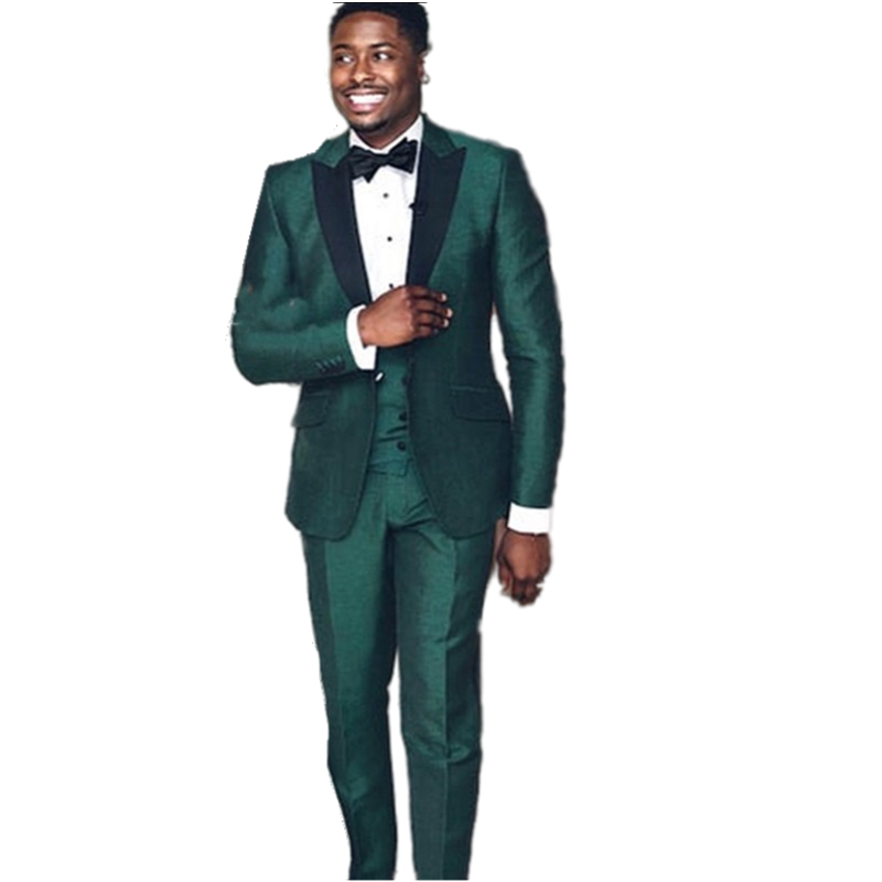 Handsome African Green Wedding Tuxedos Black Peaked Lapel 2 Pieces Men Suits Groom Formal Wear (Jacket+Pants) Male Prom Party Blazer Spring Autumn Sui