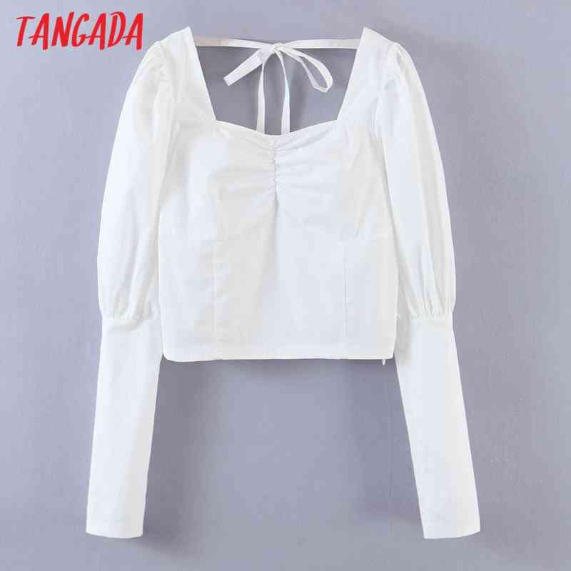 Women Retro White Crop Square Collar Backless Bow Chic Female Slim Shirt Tops SL540 210416