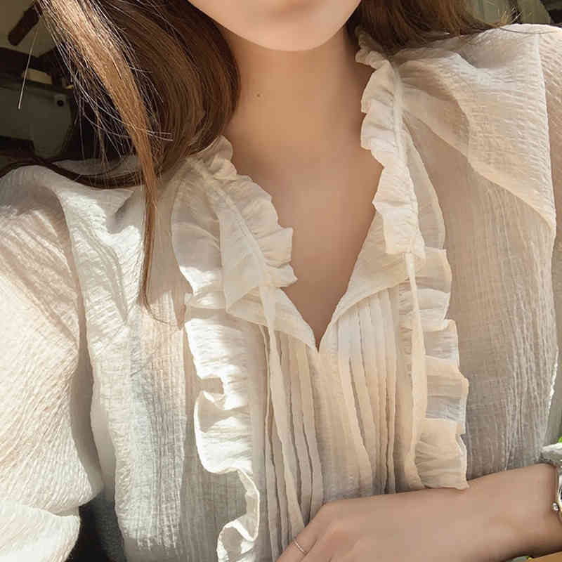 Fashion Lace Up Chiffon Women Blouse Casual Puff Sleeve Shirts Solid Color Ladies Tops Spring Clothing 13611 210508