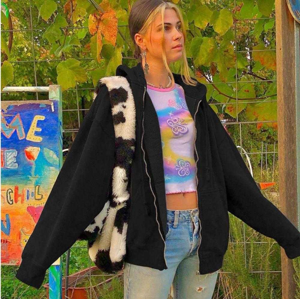 Jacket Overseas for Women Streetwear Top Brown Zip Up Sweatshirt Hoodie Y2K Egirl Oversize Hoodies Long Sleeve Pullover 210809