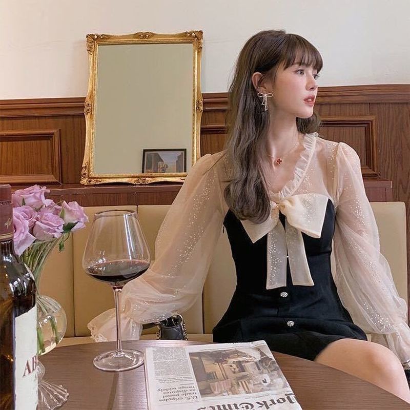 Elegant Mini Party Dress Women Casual Bow Lace Long Sleeve Black Vintage Dress Bow Sexy Dress Korean Spring Chic 210521
