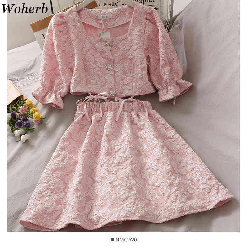 Two Piece Set Summer Floral Crop Top Blouse + High Waist Mini Skirts Korean Fashion Chic Elegant 2 Women 210519