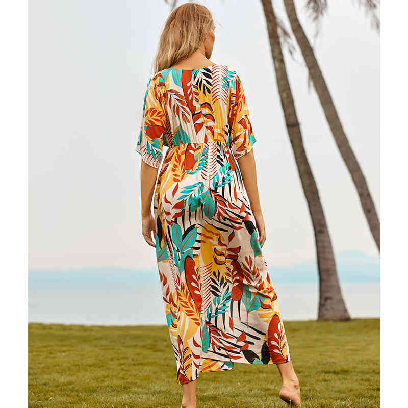 Sexy Bikini Cover-ups Cotton Tunic Boho Printed Summer Wrap Dress Elegant Women Plus Size Beach Wear Swim Suit Cover Up Q1112 210420