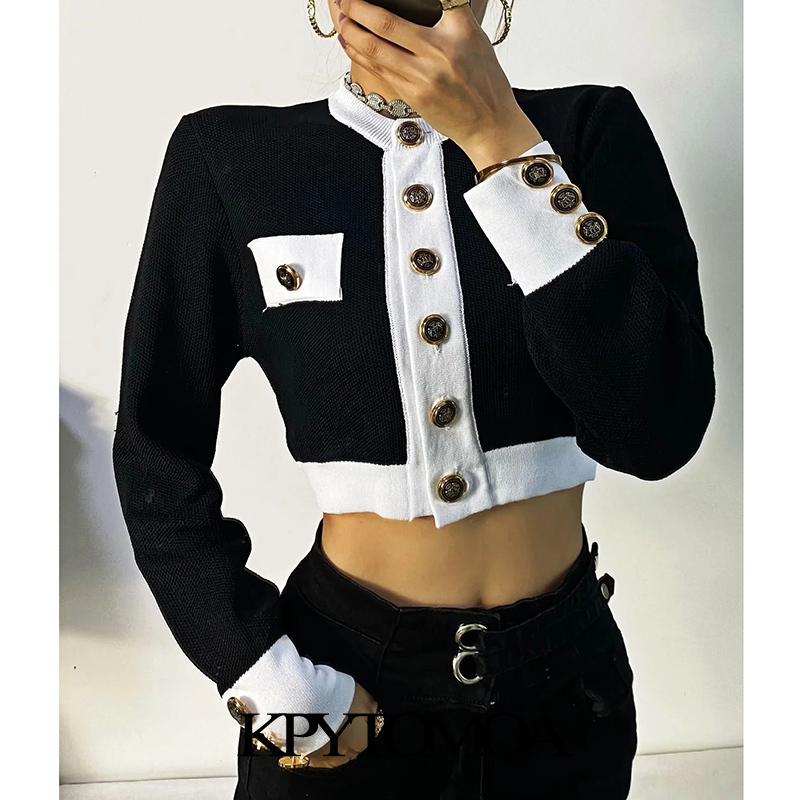 Women Fashion With Buttons Cropped Knitted Cardigan Sweater O Neck Long Sleeve Female Outerwear Chic Tops 210420