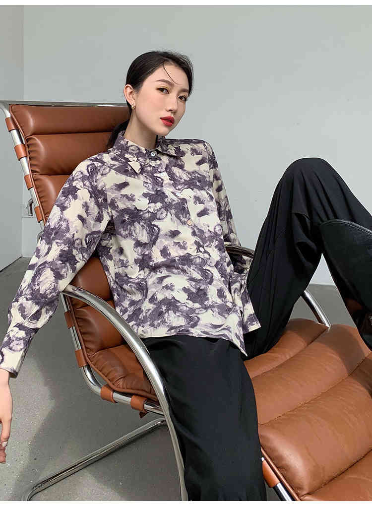 Vintage Purple Floral Print Long Sleeve Womens Tops And Blouses Button Up Collar Shirt Korean Fashion Clothing 210427