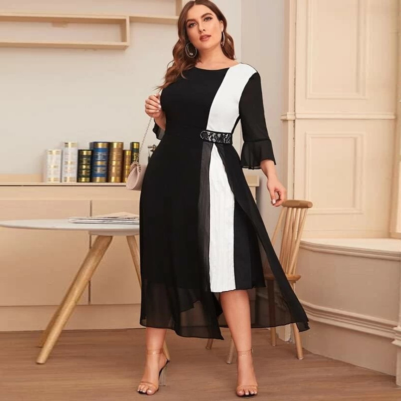 White And Black Contrast Color Elegant Dress Women Summer Three Quarter Sleeve Casual Dress Plus Size Maxi Long Dresses 210331