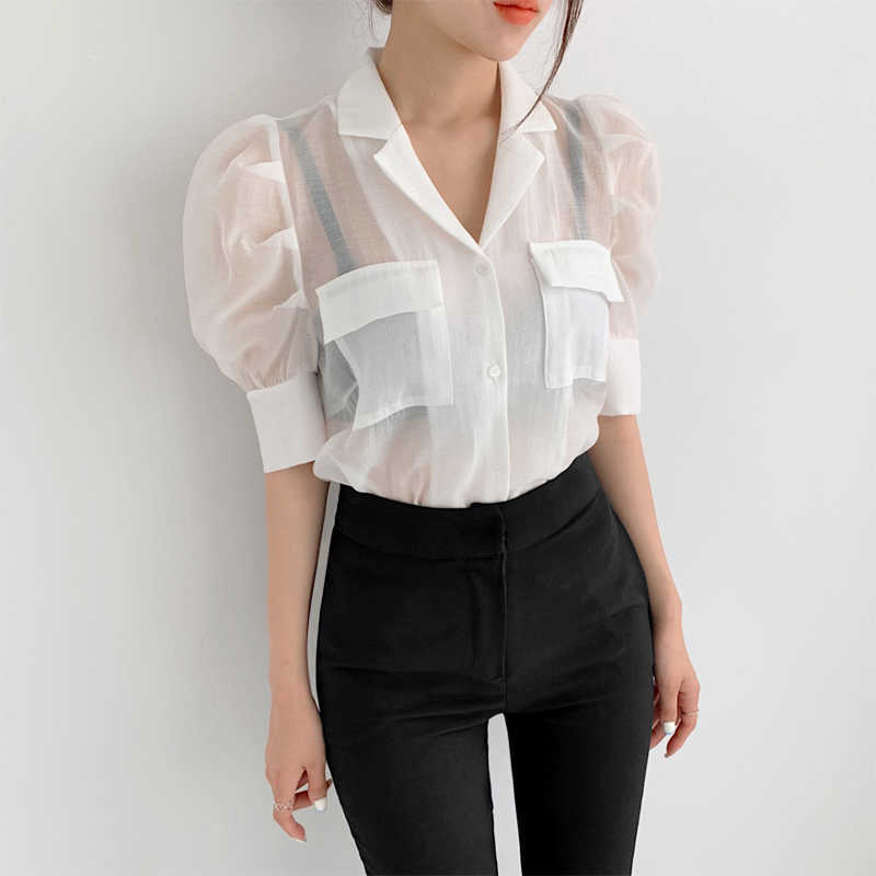 Korejpaa Women Shirt Summer Korean Chic Simple Temperament Lapel Double Pocket Loose Micro-Transparent Puff Sleeve Blouses 210526