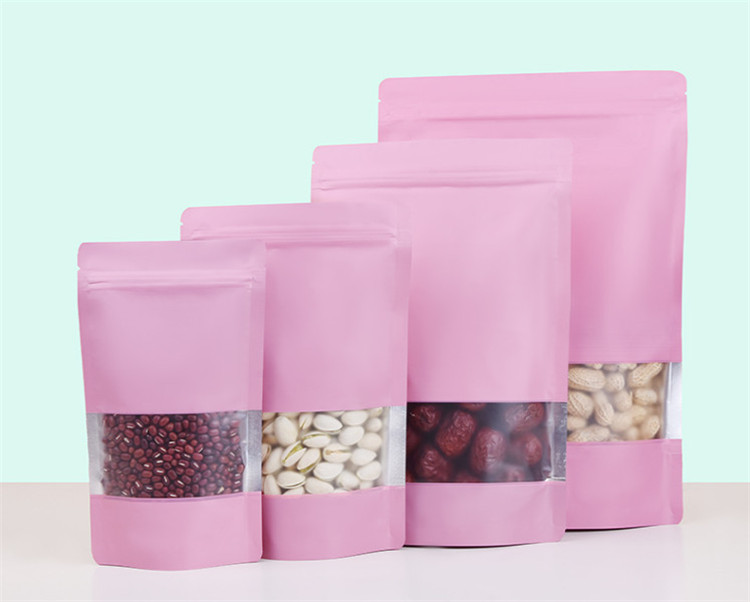 100pcs Doypack Matte Light Pink Window Zip Lock Aluminum Foil Bag Stand up Resealable Meat Coffee Powder Snack Nuts Xmas Wedding Gifts Heat Sealing Pa