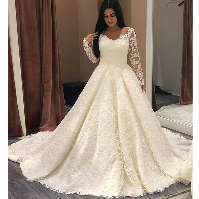 Lace A Line Wedding Dresses Long Sleeve White Ivory Sweep Train Bridal Ball Gown