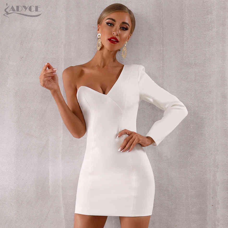 Summer Women White One Shoulder Celebrity Evening Party Dress Sexy Long Sleeve Runway Bodycon Club Vestidos 210423