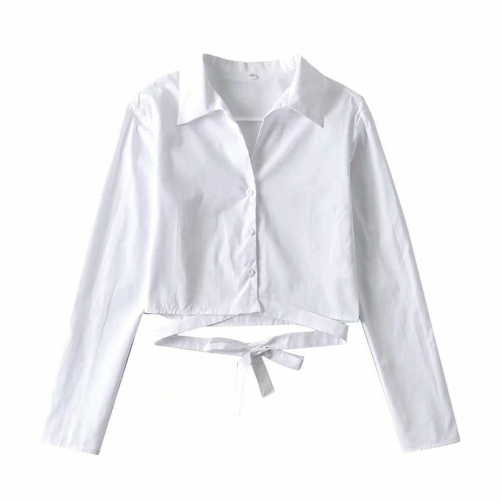 Strappy Personality Turn Down Collar White Shirt Women's Spring Fashion Tie Short Open Umbilical Top 210615Z
