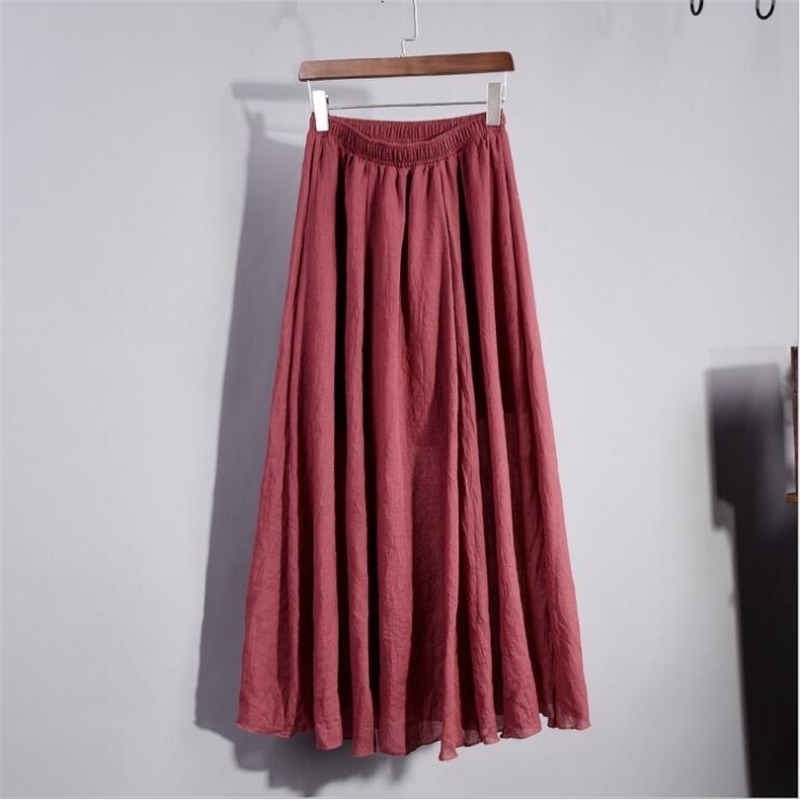 Cotton Linen Maxi Skirt Women Spring Summer Elastic Waist Vintage Solid Pleated Long Skirts Mori Girl Boho Beach Skirt QH1755 210407