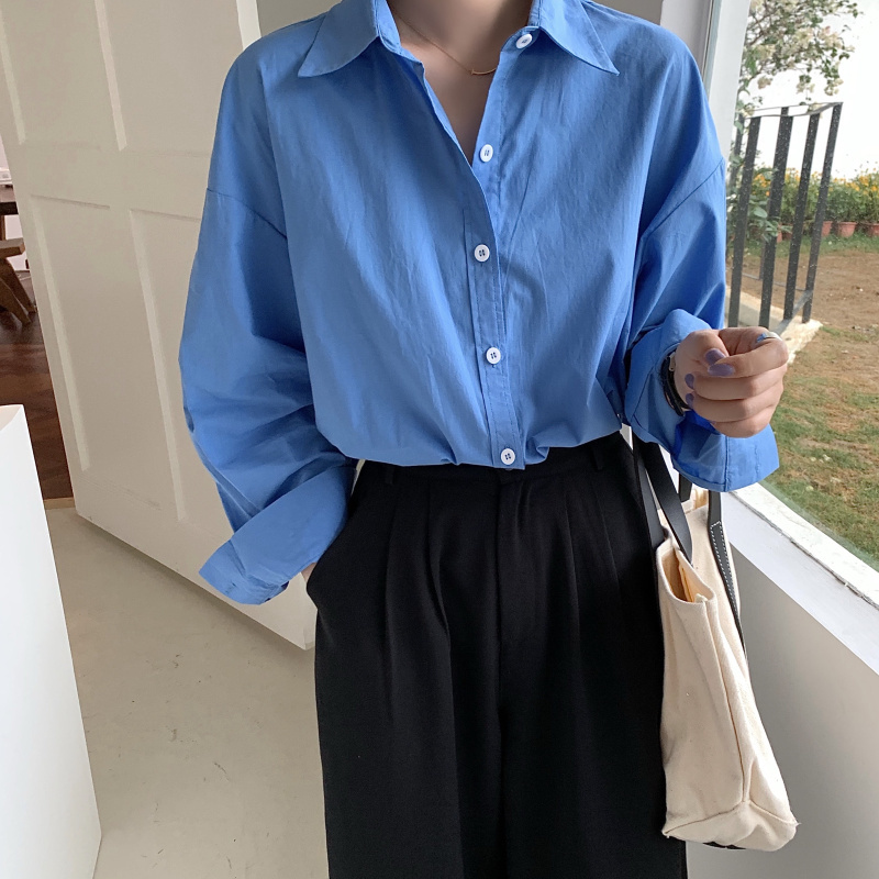 Office Lady Solid Casual Basic Shirt Women Tops Fashion Long Sleeve Lapel Loose Shirts Autumn Summer Blouses 210421