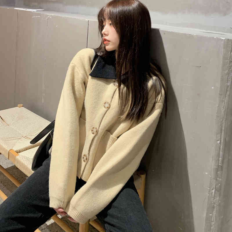 autumn and winter korean style french turn down collar knittd cardigans womens vintage sweaters cardigans womens (C9889) 210423