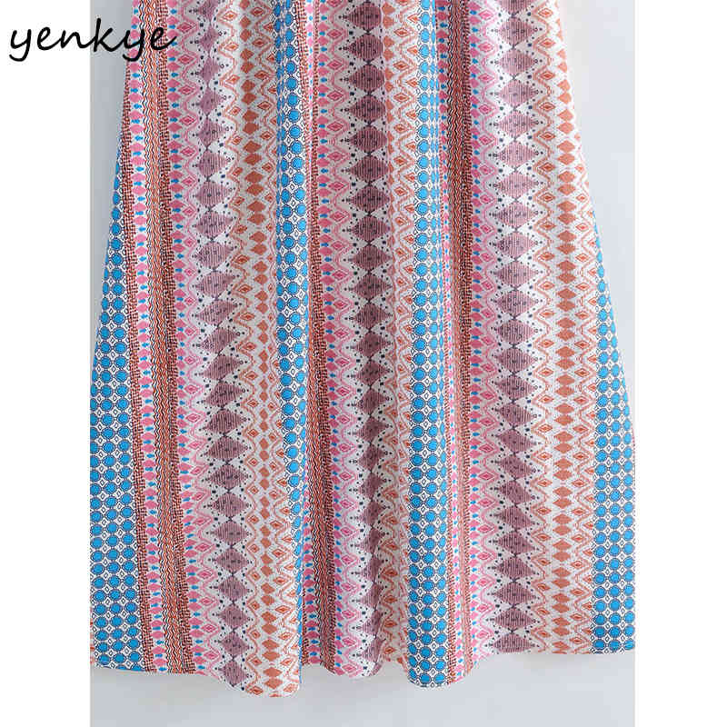 Sexy Sling Summer Beach Dress Women V Neck Elastic High Waist Casual Holiday Vintage Geometric Print Long Robe 210430