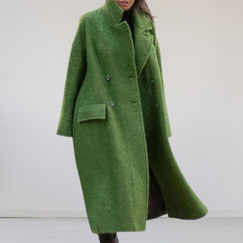 Women's Green Wool Blend Long Winter Coat Double Breasted Lapel Flap Pockets Warm Outerwear B4 - view 5