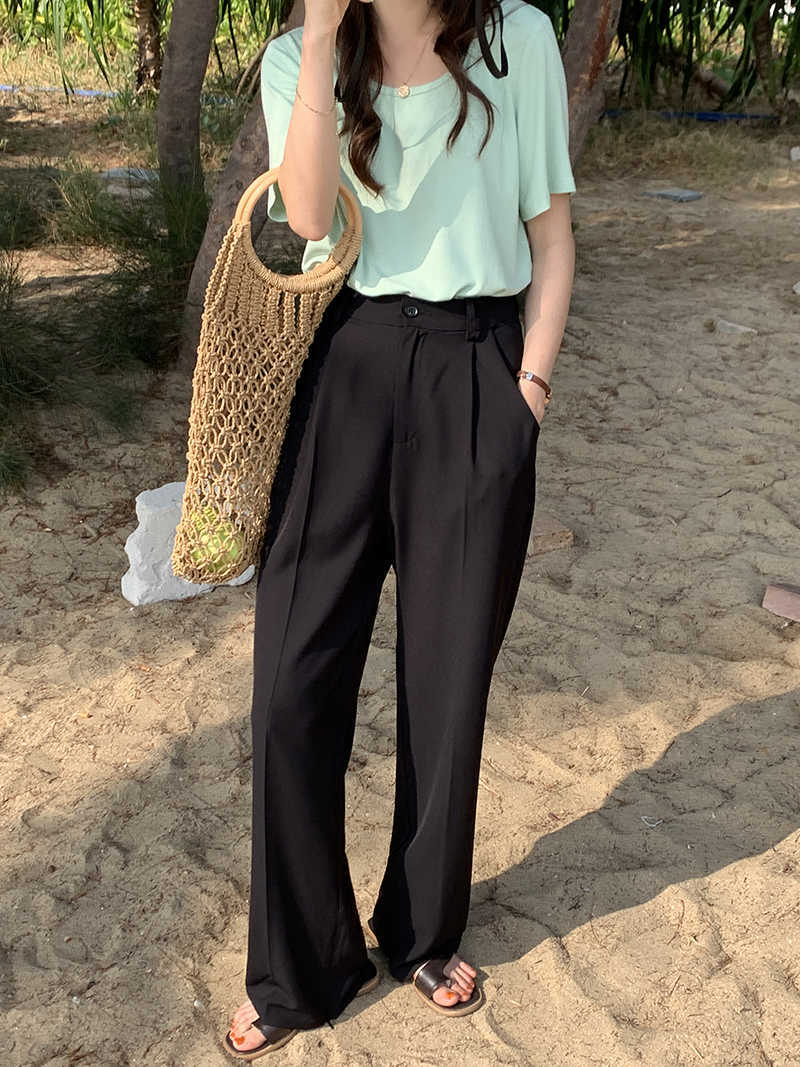 Qooth Womens Summer Straight Loose Split Pants Solid Drape Thin Causal Trousers Polyester High Waist with Pocket QT751 210609