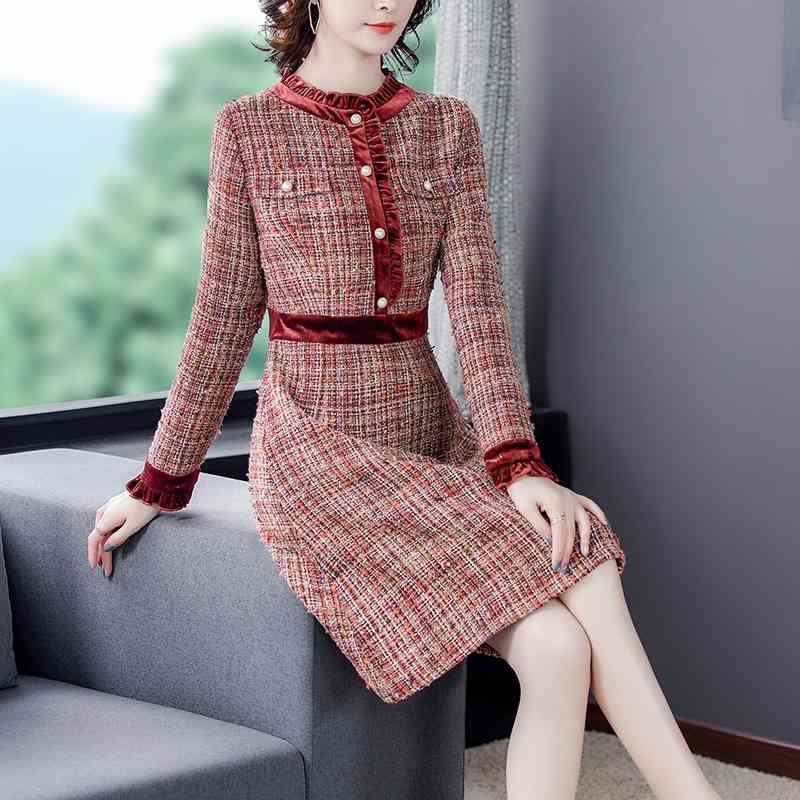 Autumn And Winter Women Vintage Tweed Woolen Red Dress Vestidos Ladies Velvet Patchwork Elegant Plaid Dresses 210520
