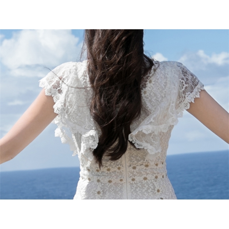 White lace vintage Long dress woman stand neck short sleeve hollow out elegant party Maxi spring summer sexy vestido 210519