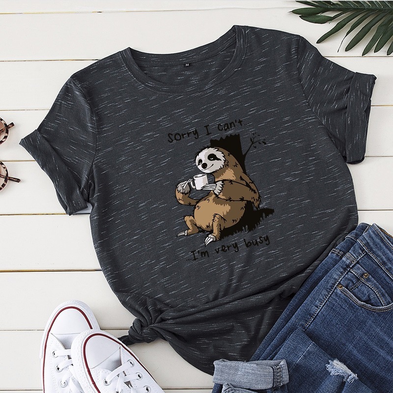 JCGO Women T-shirt Summer Short Sleeve Cotton Plus Size S-5XL Cute Lazy Sloth Print Funny Casual O Neck Female Tshirt Tees Tops 210406