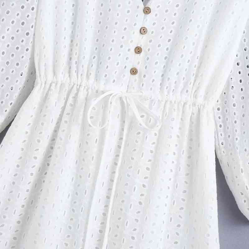 Spring Women Hollow Embroidery V Neck Midi Dress Female Three Quarter Sleeve Clothes Casual Lady Loose Vestido D7501 210430