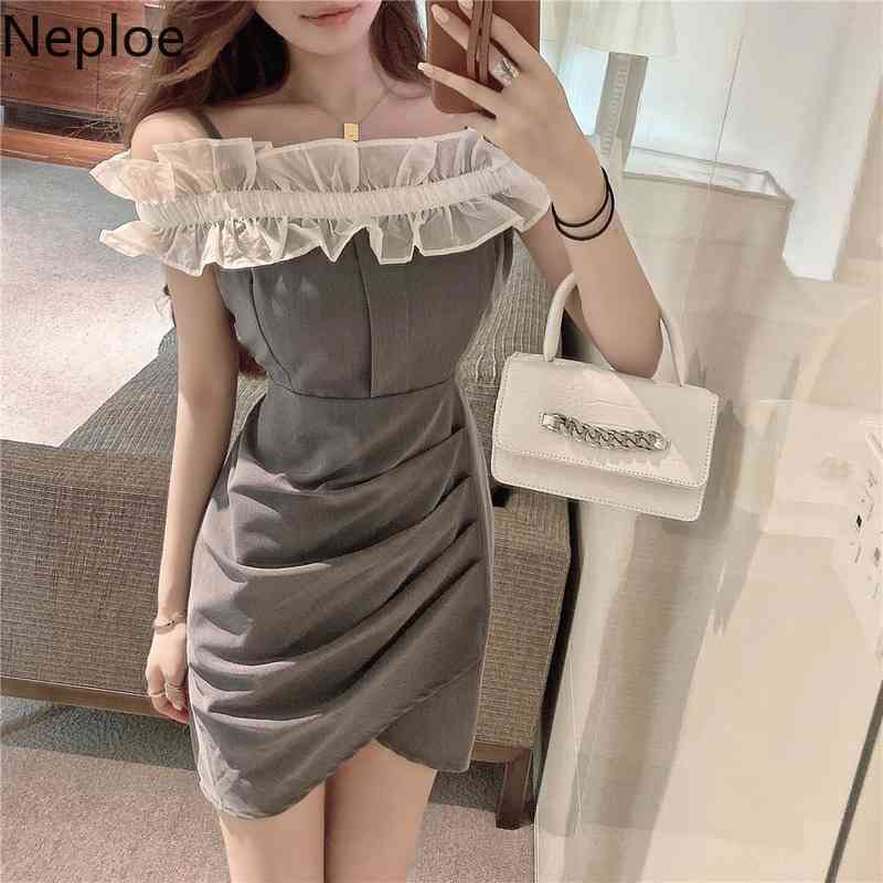 Neploe Bodycon Dress Women Sexy Lady Summer Fashion Robe Slash Neck Sleeve Ruffles Vestidos Pleated Irregular Mini Dresses 210422