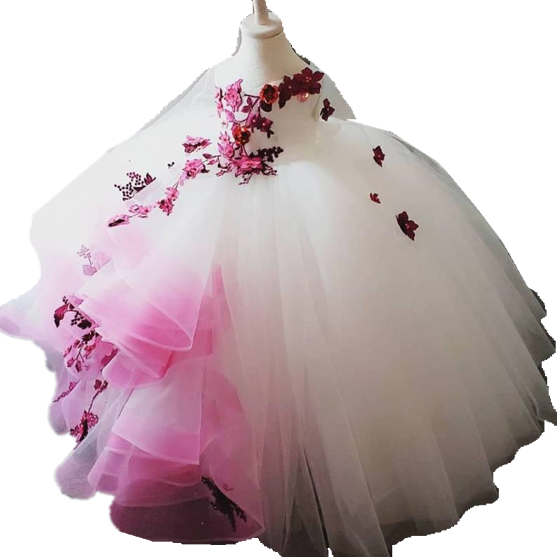 Princess Long Sleeve Little Flowers Girls Dresses Puffy Ball Gown Lace Appliques Beaded White Kids Wedding Party Formal Wear Prom Pageant Dress Commun