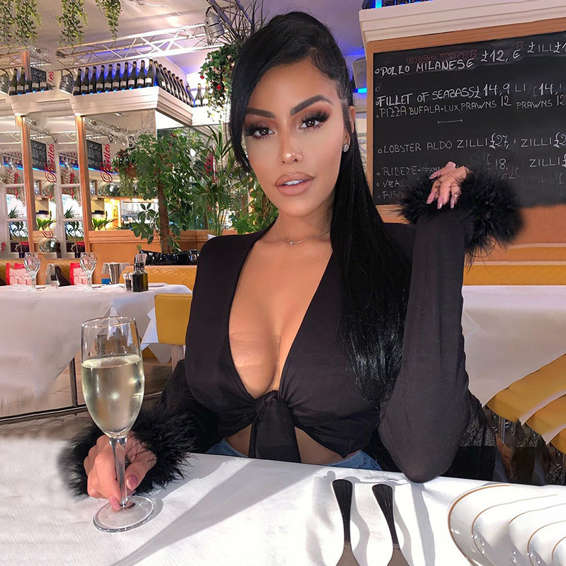 Women Long Sleeve Fur V-Neck Wrapped Bandage Sexy Crop Tops Spring Women Streetwear Club Party Outfits T-Shirts Fashion New 210406