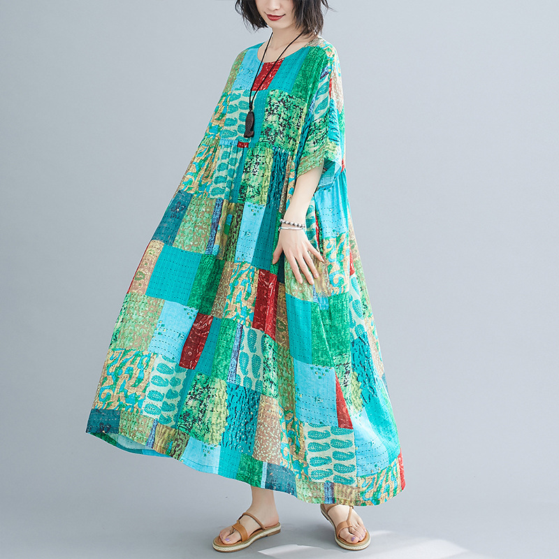 Johnature Women Patchwork Color Cotton Blend Dresses High Waist Loose Robes Summer O-Neck Bat Sleeve Female Dresses 210521, Green
Johnature Women Patchwork Color Cotton Blend Dresses High Waist Loose Robes Summer O-Neck Bat Sleeve Female Dresses 210521, Green