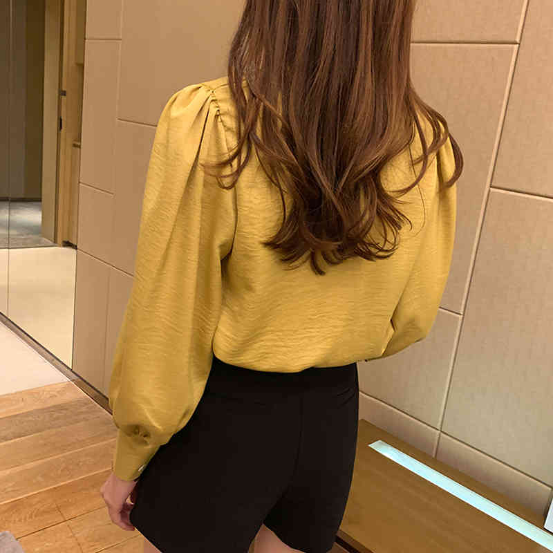 Women Vintage Blouses V-neck Long Sleeve Shirt Solid Tops Casual Korean Lantern Office Lady Clothes 10567 210506