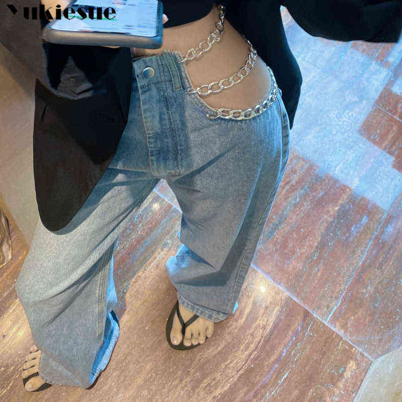 streetwear Side Cross Chain Hollow Out Wide-leg Women's Jeans High Waist Pants Sexy Elegant Ladies Europe Fashion Jeans woman 211112