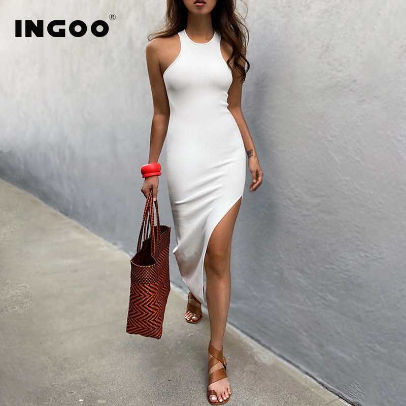 INGOO Bodycon Tank Dres Split Tight Long Robe Yellow Black Elegant Sundress Casual Office Knee Sheath Dresses 210630