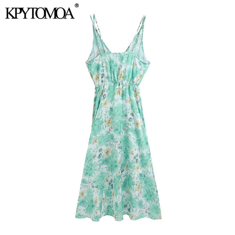 Women Chic Fashion With Covered Buttons Floral Print Midi Dress Backless Thin Straps Female Dresses Mujer 210420