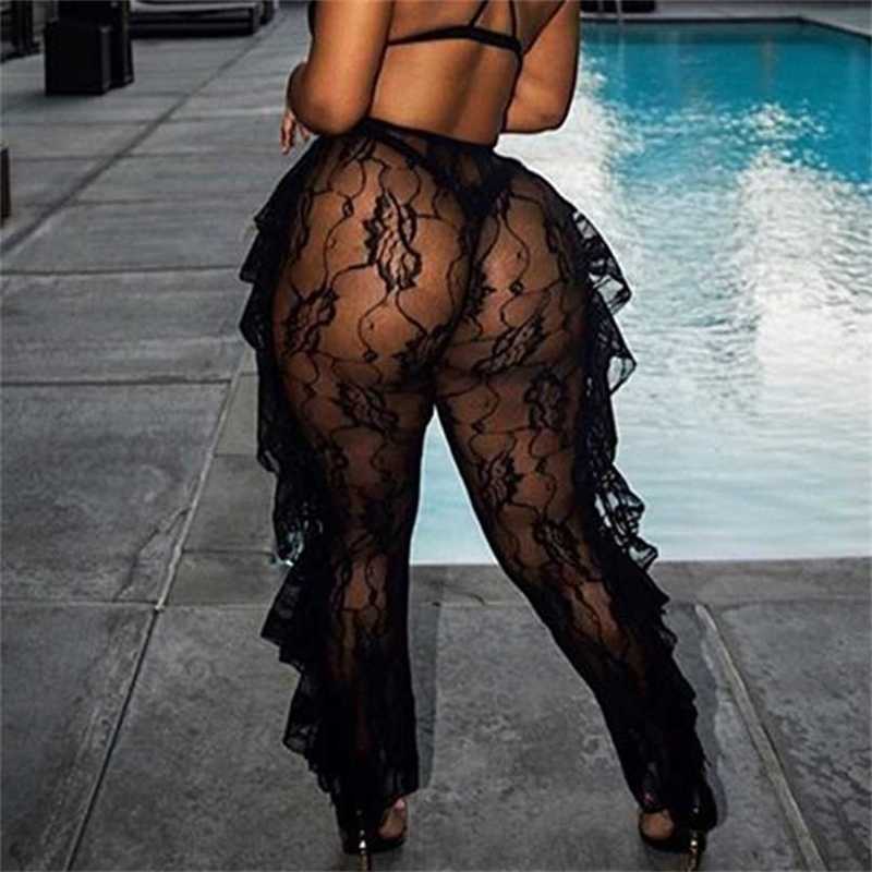 Summer Lady Beach Pants Arrival Mesh Sheer Patchwork Ruffle High Waist Lace Transparent Fashion Sexy Long Wide Leg Pant 211115