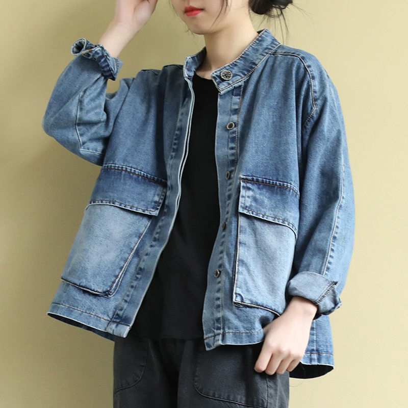 Arrival Spring Korea Fashion Women Long Sleeve Loose Vintage Denim Jecket Big Pocket Stand Collar Casual Short Coat S817 210512