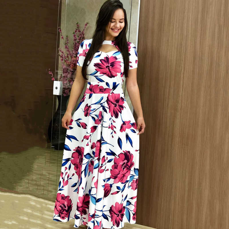 Women Beach Dress Casual Boho Flower Print Maxi es Elegant Long Sleeve Hollow Out Tunic Party Vestidos Plus Size 210526