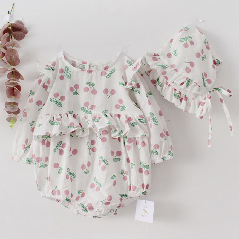 0-2Yrs Spring Autumn Infant Baby Girls Rompers Clothes Bodysuit Sweet Cherry Long Sleeve 210429