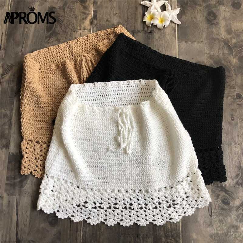 Aproms Elegant Handmade Cotton Crochet Mini Skirt Summer High Waist Bow Tie Skirt Ladies Beach Bikini Bottoms Saias 210621