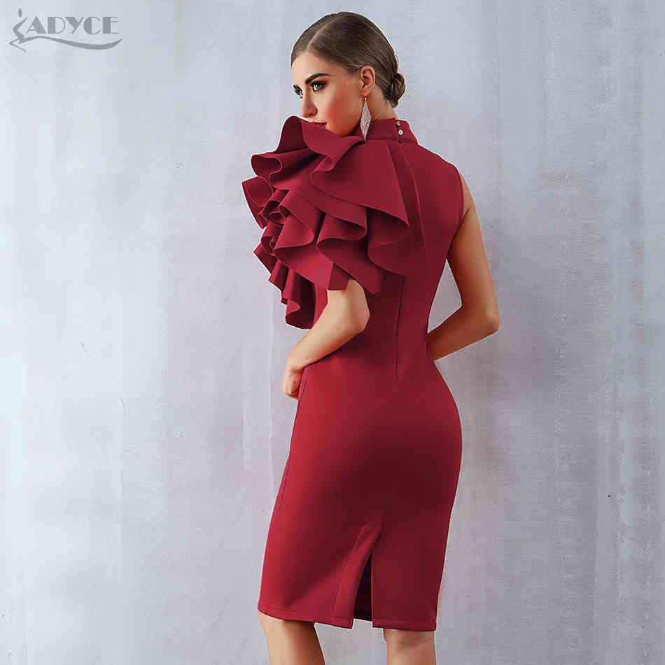 Summer Women Wine Red Celebrity Evening Runway Party Dress Sexy Sleeveless Ruffles Bodycon Midi Night Club 210423
