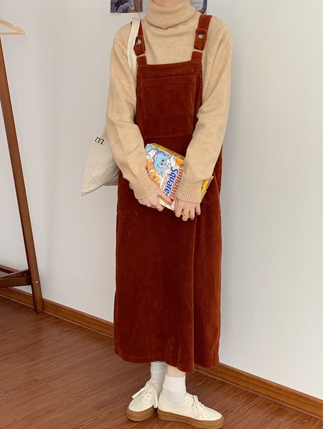 2colors autumn long dress korean style soild color loose vintage spaghetti strap dress womens corduroy tank dress (X1668) 210423